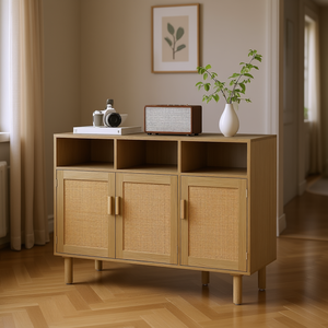 Credenza Bohemien con ante in rattan naturale, scaffali e mobile buffet per soggiorno o corridoio - Product Image 2