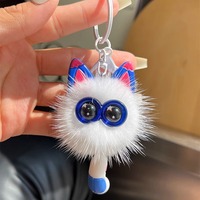 Porte-clés de voiture en fourrure de vison véritable, motif chat de dessin animé mignon, pendentif peluche, jouet, décoration de sac, cadeau, sans impression