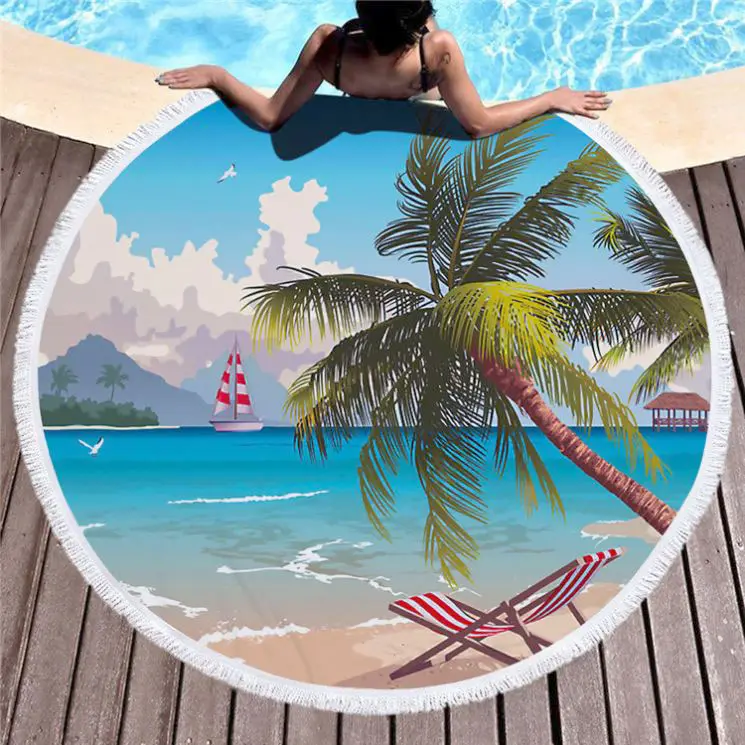 Serviette de plage ronde en motif de feuilles de noix de coco, tissu Super doux, tendance d'été 2019