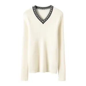 Custom Wholesale Cashmere Sweater Long Sleeve Lady V Neck Knitting Pattern Wool CashmereJumper Plain Sweater