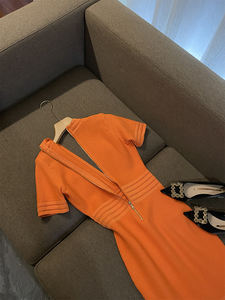 Robe <span class=keywords><strong>Mini</strong></span> Orange Femme Chic Découpe Sexy Col en V Profond Manches Courtes Unie pour Bureau - Product Image 3