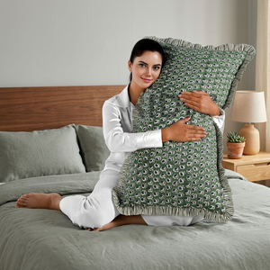 RIDHI 20x36" Herb Green Ruffle Western Style Lumbar <b>Pillow</b> Cover Set Hand Block Print Floral Cotton Sham Zipper Closure - Product Image 3