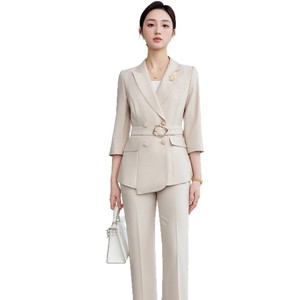 Women's Elegant Three Quarter Sleeve Suit Set Blue Blazer High-End Professional Commuting Anti-Wrinkle Polyester Worsted Summer - Product Image 5