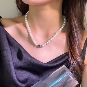 White Pearl Necklace AAA Grade With Blue Crystal Clasp For Women Everyday Wear - Product Image 3