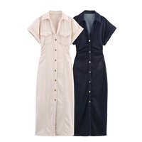 Robe midi en jean personnalisée pour femme, col à revers, manches courtes retroussées, boutonnée sur le devant, taille froncée, style moulant