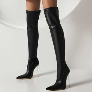 Big Size 46 Women Silver Slim Heels Over Knee High Boots Ladies Sexy Wide Fit Shoes Dress Stiletto Back Zipper Long <b>Booties</b> - Product Image 2