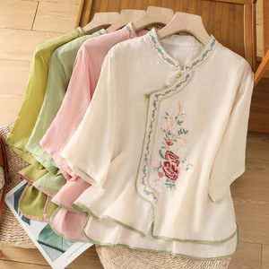 Traditional Chinese Embroidered Shirt Women Cotton Linen Stand Collar Three Quarter Sleeve Pullover Top - Product Image 5