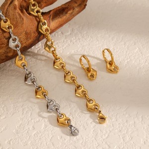 Stainless Steel Heart Shape <b>Bracelet</b> 18k Gold Finish Unisex Everyday Wear Jewelry <b>Set</b> - Product Image 1