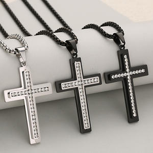 批发畅销书18k镀金黑色珠宝宗教不锈钢十字架吊坠项链水钻男女通用项链 - Product Image 2