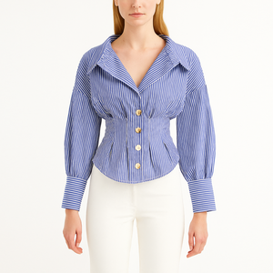 사용자 정의 도매 우아한 여성 여성 긴 소매 스트라이프 블라우스와 셔츠 - Product Image 1