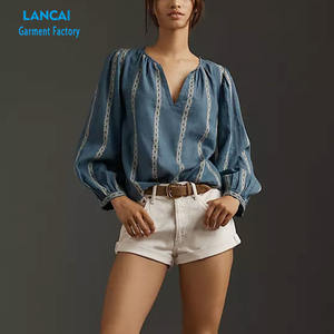 Logo personnalisé rayonne tissu lignes de broderie femmes chemise surdimensionnée décontracté chemises à manches longues - Product Image 2