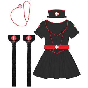 Pakaian pesta Halloween wanita, set kostum perawat 5 potong, gaun pendek kekasih dengan sabuk ikat kepala stetoskop plastik dan stoking - Product Image 5