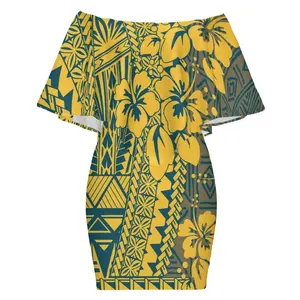 ユニークなデザインポリネシア部族サモアPuletasiワンショルダーフリルドレスエレガントな女性のスカート