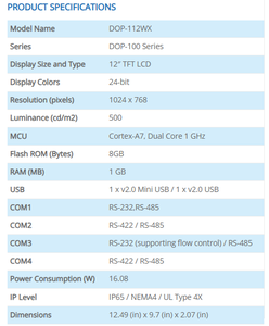 DOP-112WX หน้าจอสัมผัส HMI แบบ W-Type ขั้นสูง ขนาด 12 นิ้ว TFT พร้อมพอร์ตอีเธอร์เน็ตคู่ RS485 USB เสียง สำหรับระบบอัตโนมัติทางอุตสาหกรรม - Product Image 3
