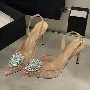 Chaussures à talons hauts pour femmes 2025, à bout pointu, avec strass et bride cheville en maille, idéales pour les soirées d'été et d'automne, effet cristal léger - Product Image 1