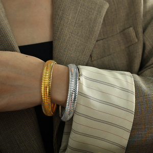 European American Vintage Style <b>Titanium</b> Steel Wide Bangle 12mm Color Block Elastic Snake Bone Hip Hop Bracelet Unisex Jewelry - Product Image 4