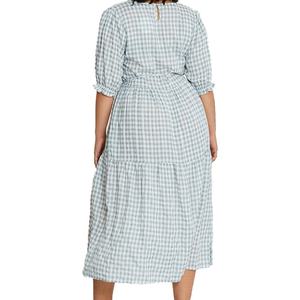 Wholesale Custom OEM Hight Quality Women <b>Dress</b> Casual V-neck Short Sleeves Checkered Print Midi <b>Dress</b> - Product Image 5