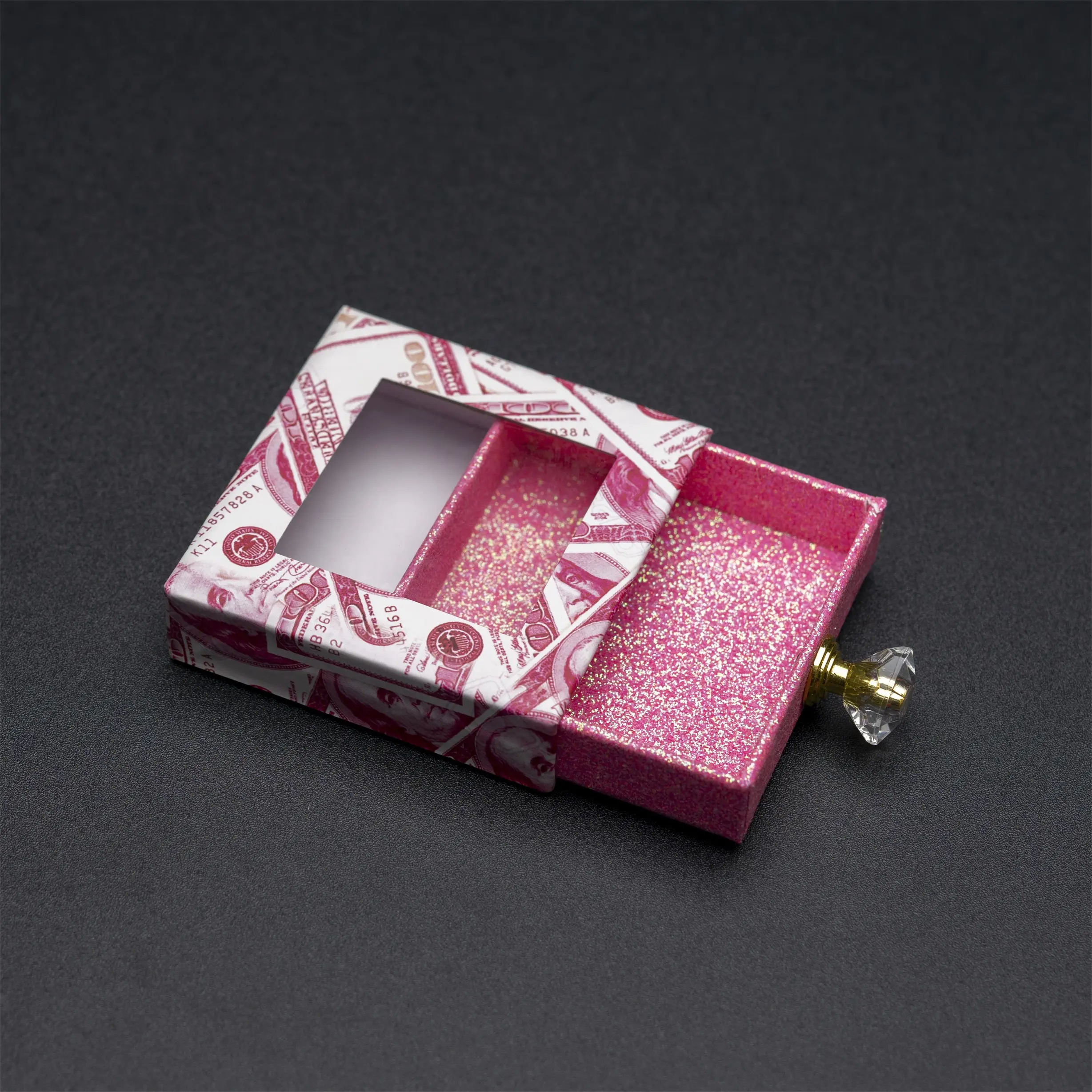 runde Wimpernverpackungsbox mit Diamantgriff quadratische Wimpernprägung goldfolie glänzende Lamierung