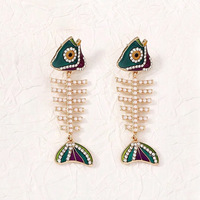 Boucles d'oreilles pendantes créatives et élégantes en alliage en forme de poisson, avec strass et motif arête de poisson, bijoux fantaisie vintage pour femme, pour les fêtes et le quotidien