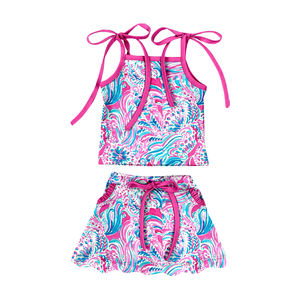 GSD3727 Conjunto de Falda con Estampado de Lazos Azules para Niña Activa, Venta al por Mayor, Conjunto de Verano sin Mangas para Niña - Product Image 3