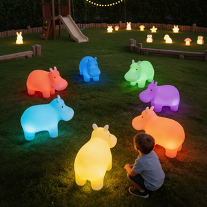 เก้าอี้เด็กฮิปโปเรืองแสงพร้อมไฟ LED สำหรับกลางคืน ควบคุมด้วยรีโมท RGB ปรับความสว่างได้ มาตรฐานกันน้ำ IP65 สำหรับเด็กอายุ 3-6 ปี ชาร์จไฟได้ เหมาะสำหรับสวนและห้องเล่น - Product Image 3
