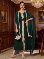 Abaya ouverte deux pièces en polyester avec dentelle, col en V, longueur cheville, robe modeste élégante en mousseline, tenue musulmane pour mariage, fête, Aïd, adultes
