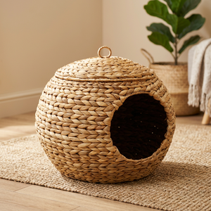 Nouvelle Conception - Niche Ronde pour Animaux de Compagnie en Jacinthe d'Eau avec Couvercle Plat - Style Simple et Respirant pour Petits Chats - Toutes Saisons - Product Image 5