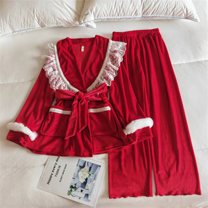 SWD Ensemble <span class=keywords><strong>de</strong></span> vêtements <span class=keywords><strong>de</strong></span> nuit en polaire thermique pour femme, col en V, taille élastique, deux pièces - Product Image 4