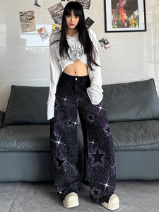 Jeans en denim à <span class=keywords><strong>taille</strong></span> <span class=keywords><strong>haute</strong></span> et jambes larges pour femmes, <span class=keywords><strong>coupe</strong></span> ample avec embellissement papillon en cristal - Product Image 1