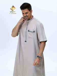 HARAMAIN MEN THOUB Chemise à manches courtes élégante à fermeture à quatre boutons, séchage rapide, légère, couleur unie, usage quotidien - Product Image 1