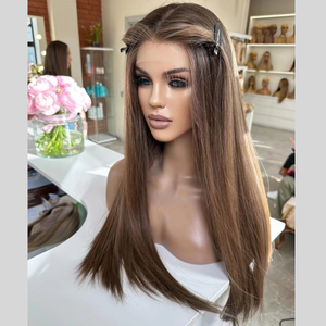 Perruque Lace Front 13*4 en Cheveux Vierges Européens de Qualité Supérieure, Densité 180%, Lisse, Brun <span class=keywords><strong>Clair</strong></span>, 24 Pouces, Dentelle Transparente, Sans Colle - Product Image 5