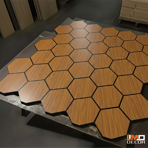 Panneaux muraux insonorisés décoratifs, insonorisés, ignifuges, réduction du bruit, panneaux hexagonaux en fibre <span class=keywords><strong>de</strong></span> <span class=keywords><strong>bois</strong></span> <span class=keywords><strong>de</strong></span> densité moyenne/<span class=keywords><strong>laine</strong></span> <span class=keywords><strong>de</strong></span> <span class=keywords><strong>bois</strong></span>/mousse - Product Image 6