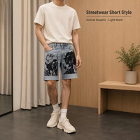 Celana Pendek Denim Unisex Motif Hewan Cuci Terang Raw Hem Lima Kantong Kasual Streetwear Musim Panas J0806