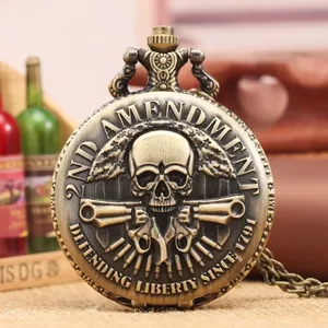 Collar de cuarzo con colgante de reloj de bolsillo vintage de bronce con diseño de calavera de pistola que defiende la libertad, Segunda Enmienda, para hombre, Halloween, Navidad - Product Image 1