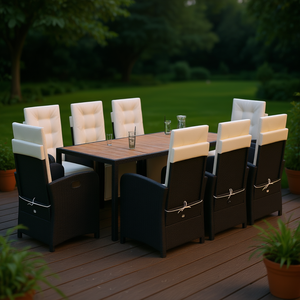 Set da Pranzo da Giardino in Rattan Bianco Crema e Nero per 8 Persone, Arredamento da Esterno Resistente alle Intemperie dal Design Contemporaneo - Product Image 2