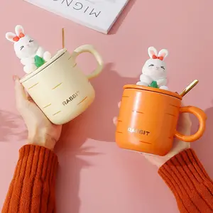 MAIMAI wholesale cute bunny rabbit with carrot porcelain Ceramic Coffee Mug Cup with Silicone Lid and big handle