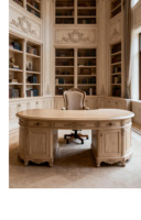 Bureau de direction en bois massif sculpté de style français, couleur bois clair, ovale, avec double armoire incurvée, bureau de président sur mesure.