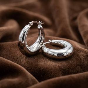 Bulk Custom <b>Chunky</b> <b>Silver</b> <b>Hoop</b> Earrings 18K Gold Plated Retro Thick Smooth Hypoallergenic Jewelry For Women - Product Image 2