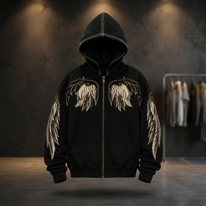 Sweat-shirt polaire à capuche numérique avec motif ailes et surpiqûres contrastées, style décontracté d'hiver, fermeture éclair, poche avant, coupe oversize et classique - Product Image 4