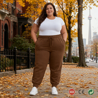 Celana Jogger Musim Dingin Wanita Ukuran Besar Premium Berkualitas Tinggi Warna Cokelat Maple, Pinggang Tinggi, Ujung Rib, Bahan Fleece