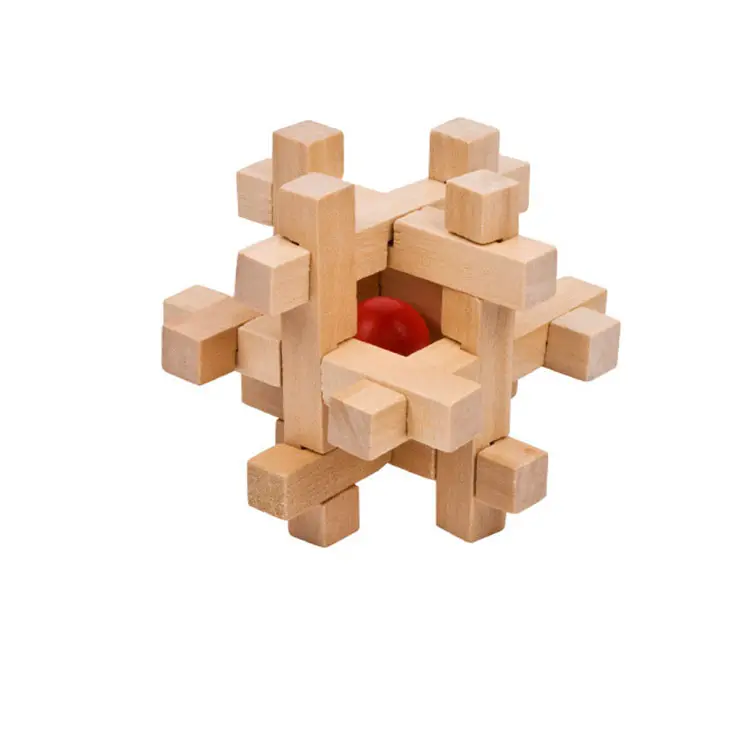 中国の伝統的な教育ロック木製パズル球IQチャレンジおもちゃ木製キューブ頭の体操
