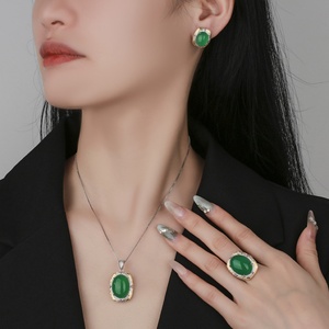 High End Eco-friendly Copper Imitation <b>Jade</b> Necklace Earrings <b>Ring</b> Set 15*20/10*12mm Green Big Zircon Jewelry Sets for Statement - Product Image 6