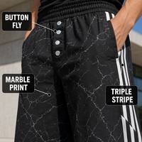 Pantalon Athleisure Homme Taille Élastique à Trois Bandes Imprimé Marbre Noir Personnalisé Coupe Large à Boutons