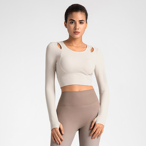 Women's Yoga Top Long Sleeve Padded Chest Scoop Neck Crop Top For High Intensity Fitness Training - Product Image 4