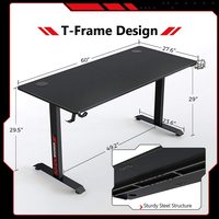 Bureau de jeu en métal, surface en fibre de carbone en forme de T, bureau d'ordinateur avec tapis de souris, double crochet pour casque, support de jeu USB, porte-gobelet