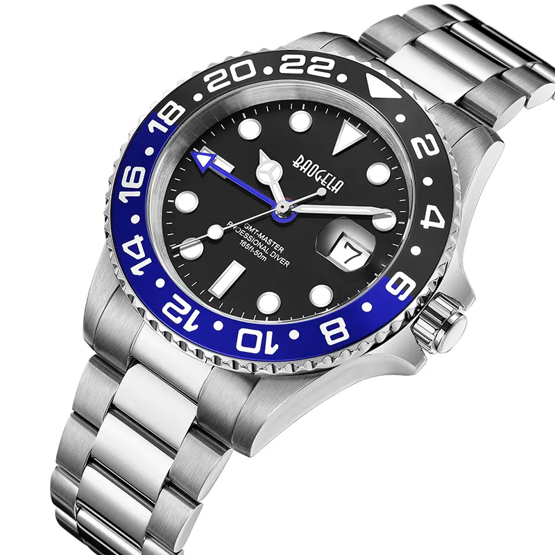 Baogela 22807 relógio masculino de luxo de prata, relógio de quartzo para homens, elegante, pulseira de aço inoxidável, à prova d' água, calanda, vintage, mergulho