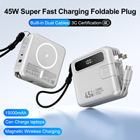 Batterie externe à charge rapide pour ordinateur portable 45W 15000mAh avec câbles intégrés Prise murale AC Chargeur sans fil magnétique 15W