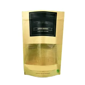 Low MOQ Customize Logo Organic Tea Food Packing Kraft Paper Granola Packaging Bag with Reclosable Zipl ock