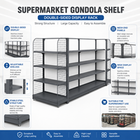 Étagère Gondole Double Face en Métal Gris Foncé avec Panneau Arrière Blanc et Extrémité en Treillis Métallique, Présentoir Îlot 4 Niveaux pour Snacks de Supermarché