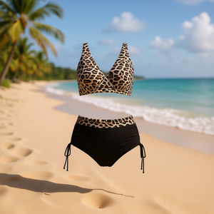 Set bikini con stampa leopardata HDJ, slip a vita alta con coulisse, costume da bagno per donna, taglie forti, set da 2 pezzi - Product Image 2